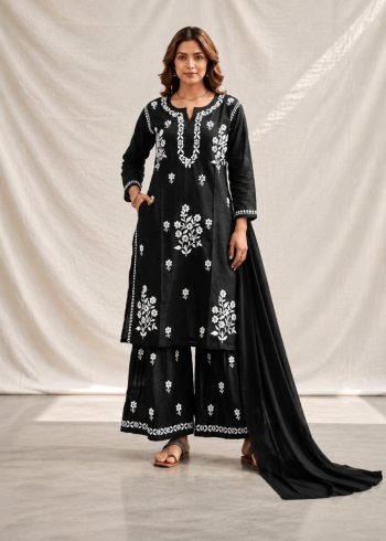 NEW ARRIVAL RAYON COTTON SILK EMBROIDERY CHIKANKARI WORK TOP PALAZZO WITH DUPATTA BLACK