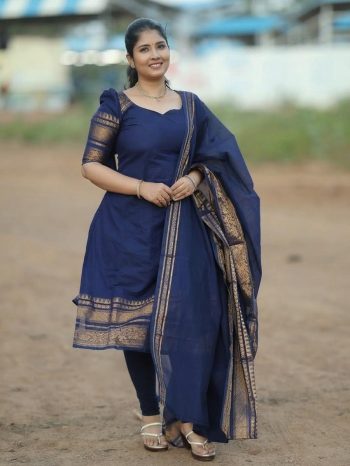 RICH LOOK KANCHI COTTON JACQUARD WORK TOP WITH DUPATTA NAVY BLUE