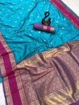 RICH LOOK KANJIVARAM SILK COPPER ZARI JAAL WEAVING WORK SAREE WITH UNSTITCHED BLOUSE SKY