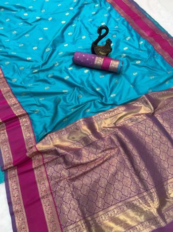 RICH LOOK KANJIVARAM SILK COPPER ZARI JAAL WEAVING WORK SAREE WITH UNSTITCHED BLOUSE SKY