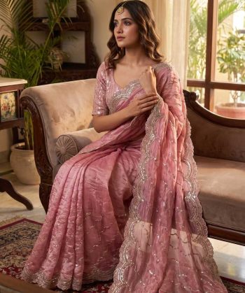 TRENDING SPACE SILK GOLD BEEDS BHUNGALI WORK  SAREE WITH UNSTITCHED BLOUSE BABY PINK
