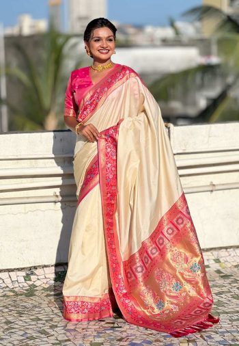 BOLLYWOOD SOFT SILK GALA PLAIN  WITH KADIYAL PAITHANI WEAVES WORK SAREE WITH UNSTITCHED BLOUSE OFF WHITE