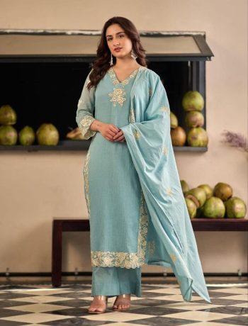 FANCY CHINON EMBROIDERY WORK TOP BOTTOM WITH DUPATTA SKY
