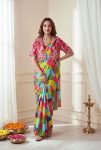 FANCY CHINON SILK DIGITAL PRINT WORK READY TO WEAR SAREE WITH STITCHED BLOUSE AND KOTI MUSTARD
