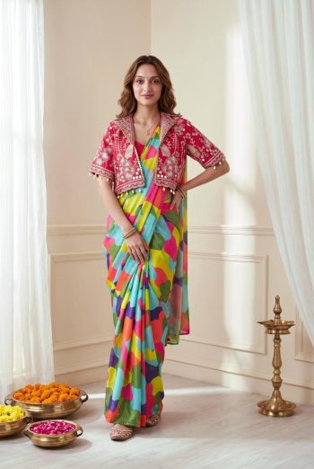 FANCY CHINON SILK DIGITAL PRINT WORK READY TO WEAR SAREE WITH STITCHED BLOUSE AND KOTI MUSTARD