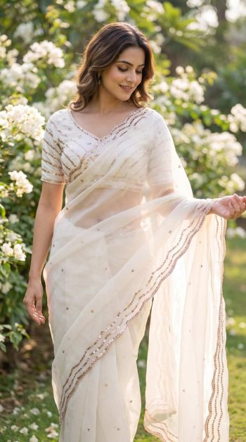 MODERN FANDY SATIN SILK ROSE GOLD  BEADS WORK WITH CUT  WORK BORDER SAREE WITH STITCH BLOUSE WHITE