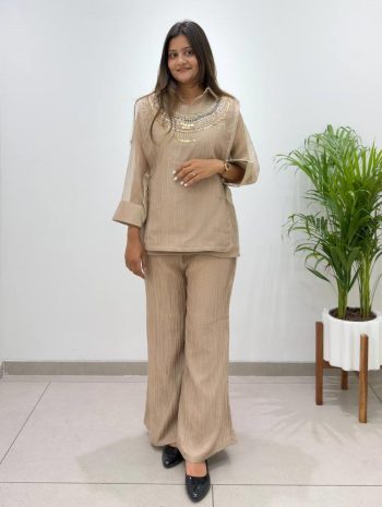 MODERN SALSA PLAIN SHIRT AND PALAZZO WITH HAND WORK SHRUG CO-ORD SET CREAM