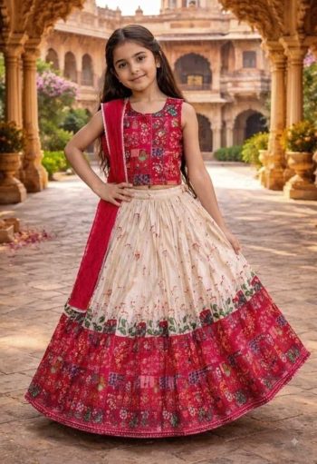 MODERN TWILL COTTON PRINTED WORK KID'S LEHENGA CHOLI WITH DUPATTTA RANI
