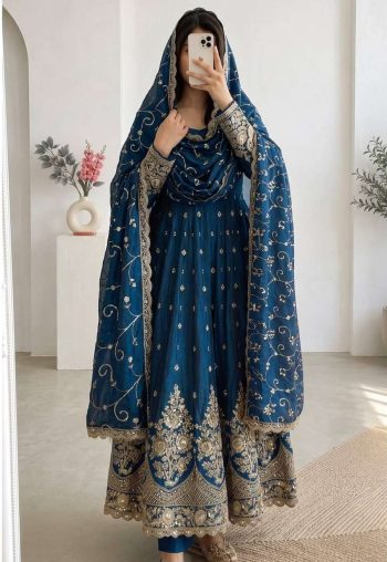 RICH LOOK JELLY SHIMMER SILK EMBROIDERY CODING & SEQUENCE WORK  GOWN BOTTOM WITH DUPATTA TEAL