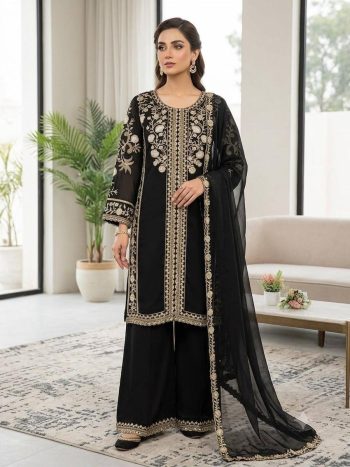 DESIGNER ROMAN SEQUENCE EMBROIDERY WORK TOP PALAZZO WITH DUPATTA BLACK
