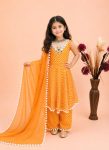 FANCY GEORGETTE DIGITAL PRINT WORK WITH THREAD REAL MIRROR LAD PUM PUM LACE WORK KID'S GOWN BOTTOM WITH DUPATTA YELLOW