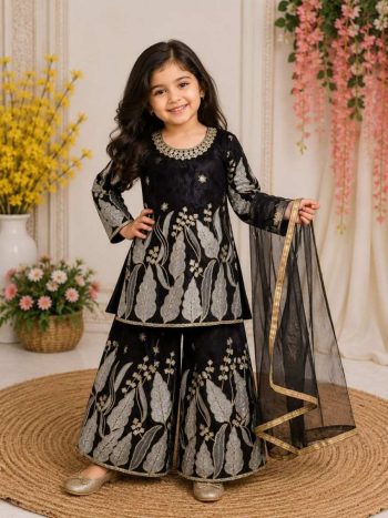 MODERN FENDY SILK EMBROIDERY SEQUENCE WORK TOP PALAZZO WITH DUPATTA BLACK