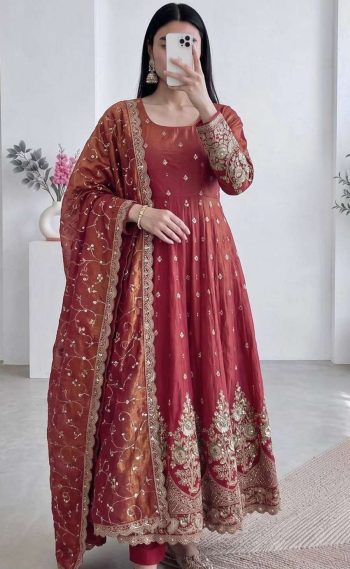 RICH LOOK JELLY SHIMMER SILK EMBROIDERY CODING & SEQUENCE WORK  GOWN BOTTOM WITH DUPATTA PEACH