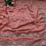 TRENDING SPACE SILK GOLD BEEDS BHUNGALI WORK  SAREE WITH UNSTITCHED BLOUSE PEACH