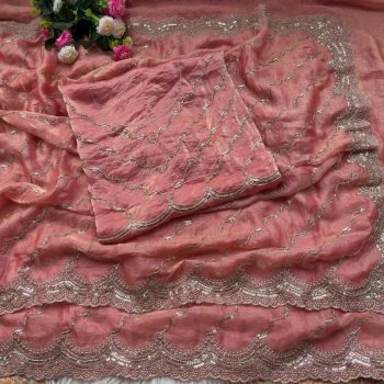 TRENDING SPACE SILK GOLD BEEDS BHUNGALI WORK  SAREE WITH UNSTITCHED BLOUSE PEACH