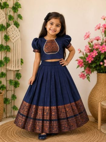 ATTRACTIVE COTTON NARAYAN PET ZARI WEAVING BOARDER WORK KID'S LEHENGA CHOLI WITH DUPATTA NAVY BLUE