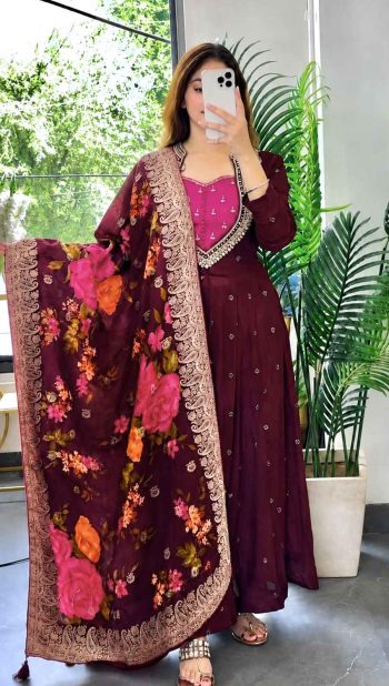 ATTRACTIVE GEORGETTE SILK THREAD EMBROIDERY SEQUENCE WITH CODING WORK GOWN WITH DUPATTA WINE