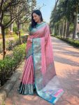 ATTRACTIVE KANCHIPURAM TISSUE  ZARI WEAVING WORK SAREE WITH UNSTITCHED BLOUSE BABY PINK