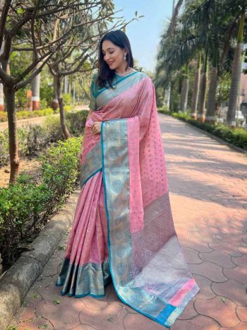 ATTRACTIVE KANCHIPURAM TISSUE  ZARI WEAVING WORK SAREE WITH UNSTITCHED BLOUSE BABY PINK