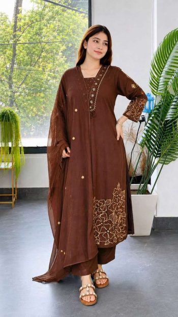 ATTRACTIVE ROMAN SILK EMBROIDERY WORK TOP BOTTOM WITH DUPATTA CHIKU