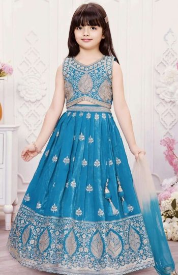 ATTRACTIVE SINDOOR SILK SEQUENCE EMBROIDERY WORK KID'S LEHENGA CHOLI WITH DUPATTA RAMA