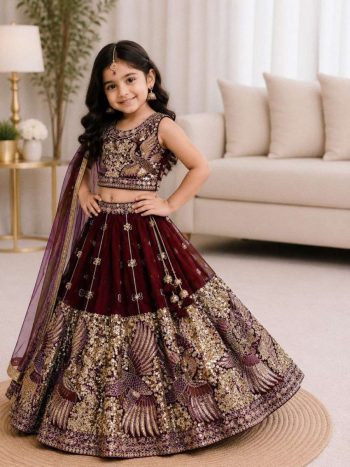 ATTRACTIVE SINDOOR SILK SEQUENCE EMBROIDERY WORK KID'S LEHENGA CHOLI WITH DUPATTA MAROON