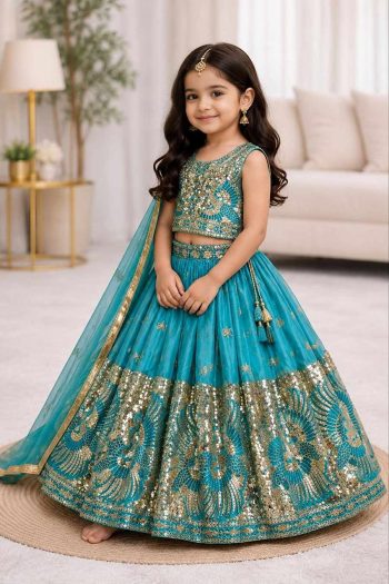 ATTRACTIVE SINDOOR SILK SEQUENCE EMBROIDERY WORK KID'S LEHENGA CHOLI WITH DUPATTA RAMA
