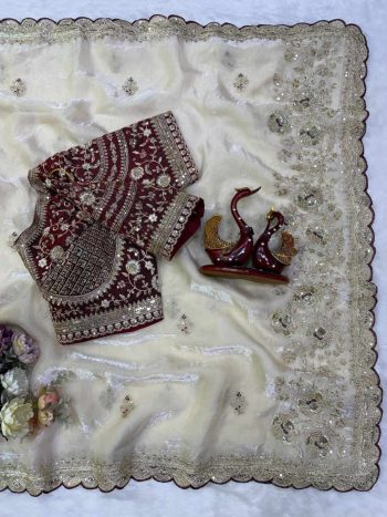 ATTRACTIVE SPACE SILK SEQUENCE AND ZARI EMBROIDERY WORK SAREE WITH STITCHED BLOUSE WHITE