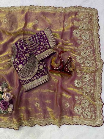ATTRACTIVE SPACE SILK SEQUENCE AND ZARI EMBROIDERY WORK SAREE WITH STITCHED BLOUSE LAVENDER