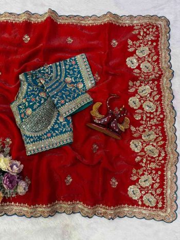 ATTRACTIVE SPACE SILK SEQUENCE AND ZARI EMBROIDERY WORK SAREE WITH STITCHED BLOUSE RED