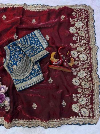 ATTRACTIVE SPACE SILK SEQUENCE AND ZARI EMBROIDERY WORK SAREE WITH STITCHED BLOUSE MAROON