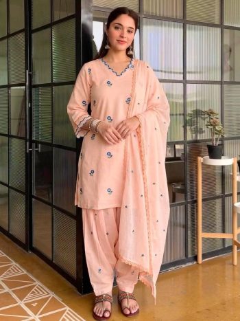 BOLLY WOOD SATIN MUL CHANDHERI EMBROIDERY WORK TOP BOTTOM WITH DUPATTA  PEACH