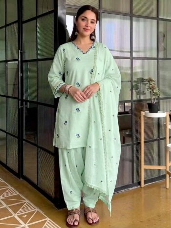 BOLLY WOOD SATIN MUL CHANDHERI EMBROIDERY WORK TOP BOTTOM WITH DUPATTA  MINT
