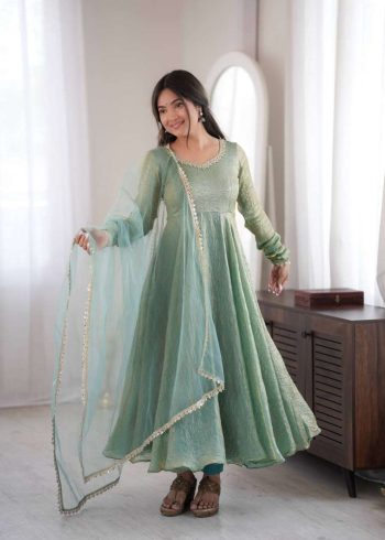 BOLLYWOOD DOREMON CRUSH REAL MIRROR WORK LACE BORDER GOWN BOTTOM WITH DUPATTA MAROON GREEN
