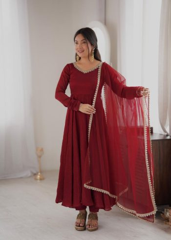 BOLLYWOOD DOREMON CRUSH REAL MIRROR WORK LACE BORDER GOWN BOTTOM WITH DUPATTA MAROON