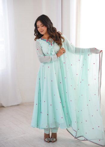 BOLLYWOOD FAUX GEORGETTE EMBROIDERY WITH THREAD DETAILING WORK GOWN BOTTOM WITH DUPATTA SKY