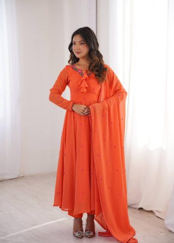 BOLLYWOOD FAUX GEORGETTE EMBROIDERY WITH THREAD DETAILING WORK GOWN BOTTOM WITH DUPATTA ORANGE