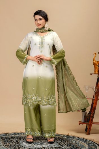 BOLLYWOOD STAR GEORGETTE EMBROIDERY BEADS WORK WITH CUT-WORK TOP PALAZZO WITH DUPATTA GREEN