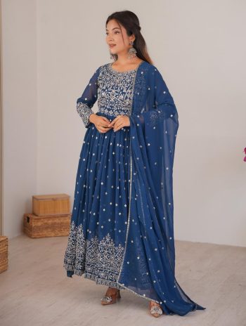 CLASSIC GEORGETTE EMBROIDERY WITH SEQUENCE & THREAD WORK GOWN BOTTOM WITH DUPATTA BLUE