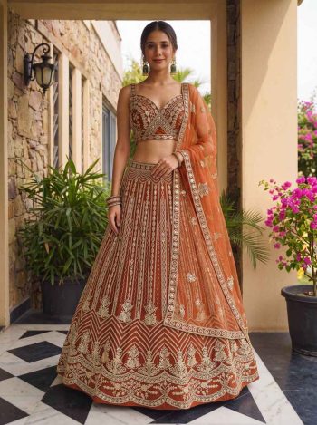DESIGNER BUTTERFLY NET SEQUENCE AND CODDING EMBROIDERY WORK LEHENGA CHOLI WITH DUPATTA ORANGE