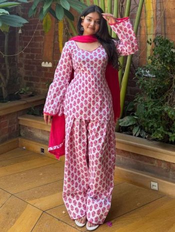 DESIGNER CAMBRIC COTTON DIGITAL PRINT WORK TOP PATIYALA WITH DUPATTA PINK