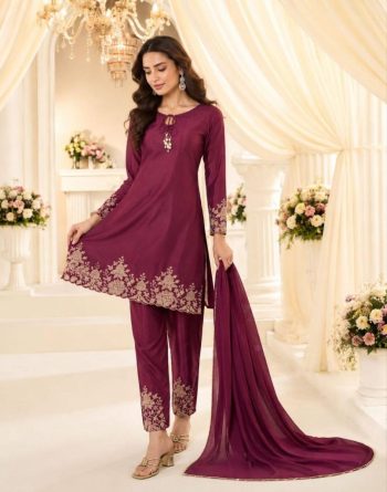 DESIGNER CHANDERI COTTON EMBROIDERY SEQUENCE WORK TOP BOTTOM WITH DUPATTA MAROON