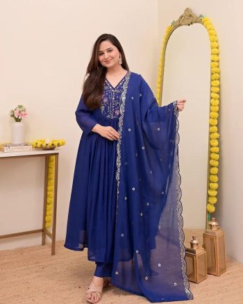 DESIGNER CHANDERI SILK EMBROIDERY SEQUENCE WORK TOP BOTTOM WITH DUPATTA BLUE