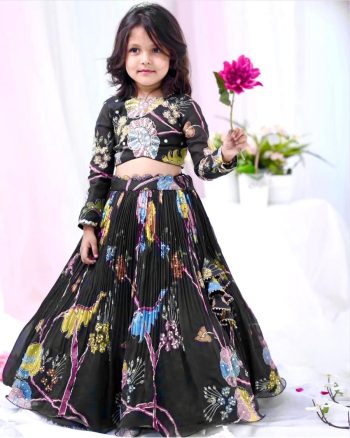 DESIGNER CHINON DIGITAL PRINT WITH DIAMOND WORK  KID'S LEHENGA CHOLI WITH DUPATTA BLACK