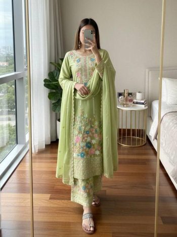 DESIGNER CHINON EMBROIDERY SEQUENCE DIAMOND HAND WORK TOP PALAZZO WITH DUPATTA  PISTA