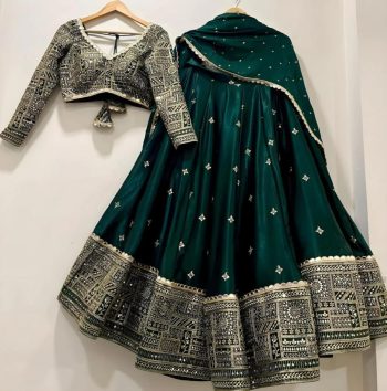 DESIGNER CHINON EMBROIDERY SEQUENCE WORK LEHENGA CHOLI WITH DUPATTA GREEN