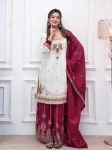 DESIGNER CHINON SILK EMBROIDERY 3 MM SEQUENCE WORK TOP PALAZZO WITH DUPATTA  WHITE AND RANI