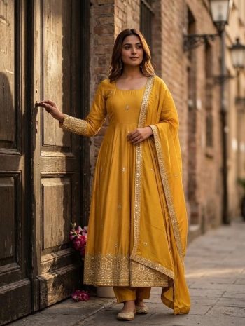 DESIGNER CHINON SILK EMBROIDERY 5 MM SEQUENCE WORK GOWN BOTTOM WITH DUPATTA YELLOW
