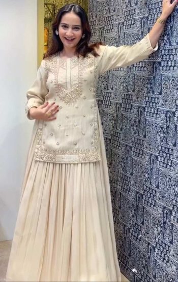 DESIGNER CHINON SILK EMBROIDERY CODING & SEQUENCE WITH MOTI WORK TOP LEHENGA WITH DUPATTA OFF WHITE
