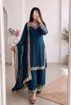 DESIGNER CHINON SILK EMBROIDERY & SEQUENCE WORK  TOP PALAZZO WITH DUPATTA TEAL